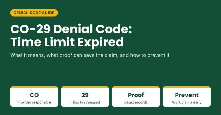 CO-29 denial code guide: provider responsible, filing limit passed, dated proof, prevention tips