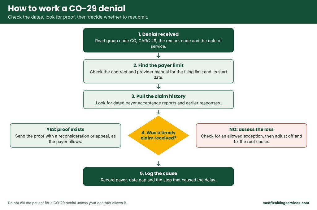 Flowchart for CO-29: check the limit, look for proof, then appeal or adjust off