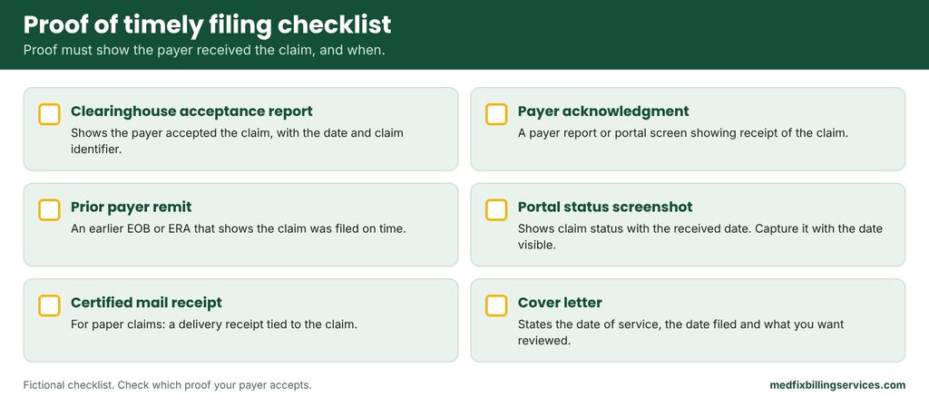 Six-item proof of timely filing checklist for a CO-29 denial appeal