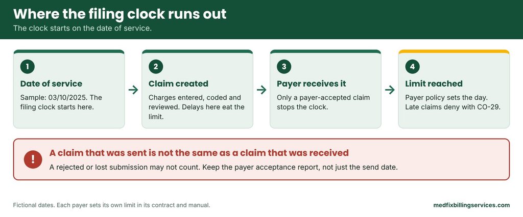 Timeline from date of service to claim creation, payer receipt and the filing limit