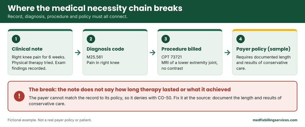 Sample chain from clinical note to diagnosis, procedure and payer policy with a documentation gap highlighted