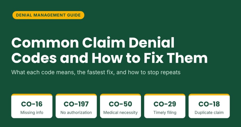 Common claim denial codes CO-16, CO-197, CO-50, CO-29 and CO-18 with short meanings