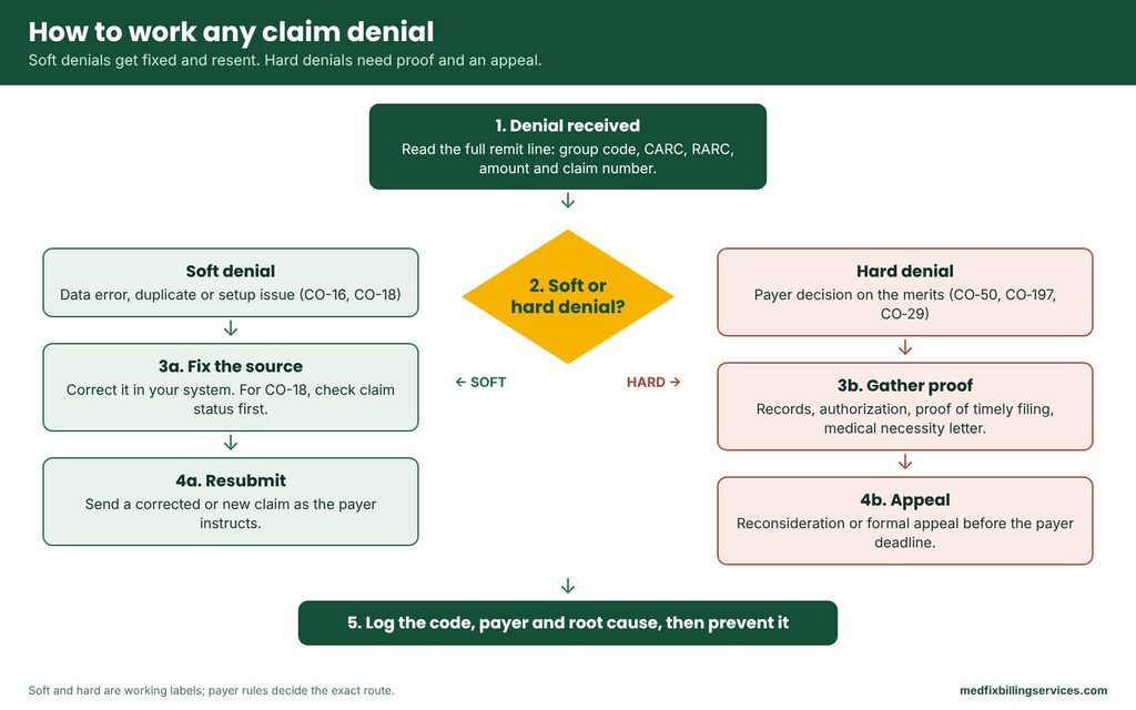Flowchart for working a claim denial: read the remit, fix soft denials, appeal hard denials