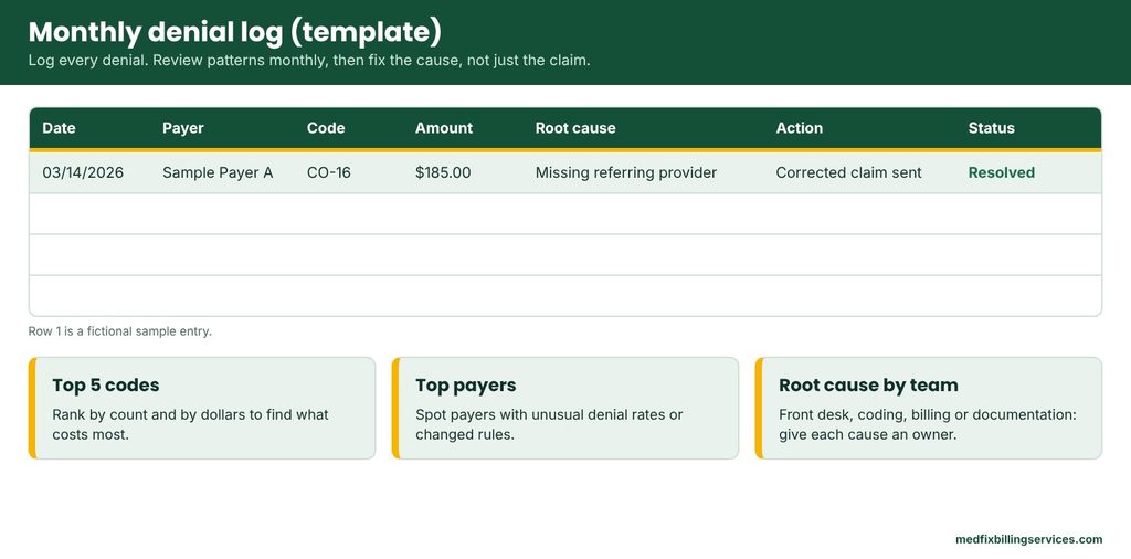 Monthly denial tracking log template with payer, code, amount, root cause and status columns