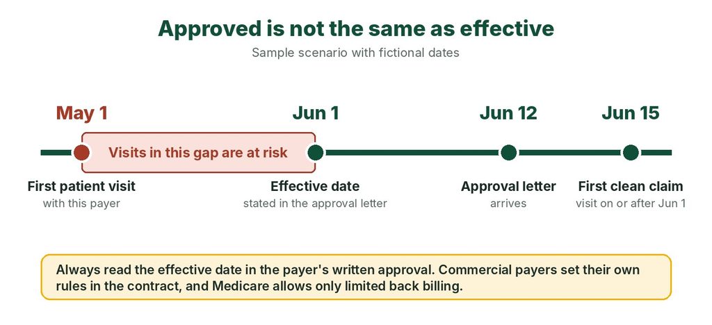 Timeline showing visits before the effective date at risk, even after a later approval letter