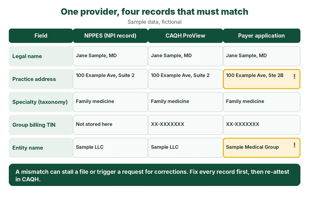 Sample grid comparing provider details across NPI, CAQH and payer records, with two mismatches flagged
